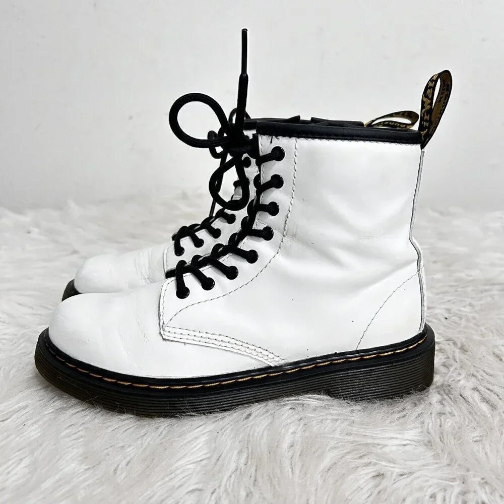 Dr. Martens 1460J Combat Boots Youth Size 3 US White Leather Lace Up‎ Side Zip